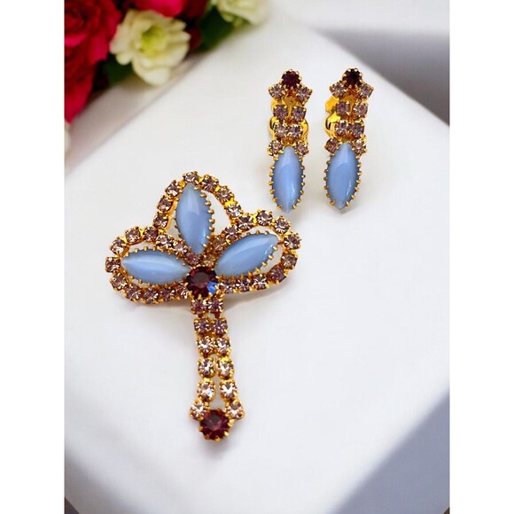 Vintage Brooch & Earring Set Rhinestones Blue Purple Demi-Parure MCM 11I - Picture 10 of 12
